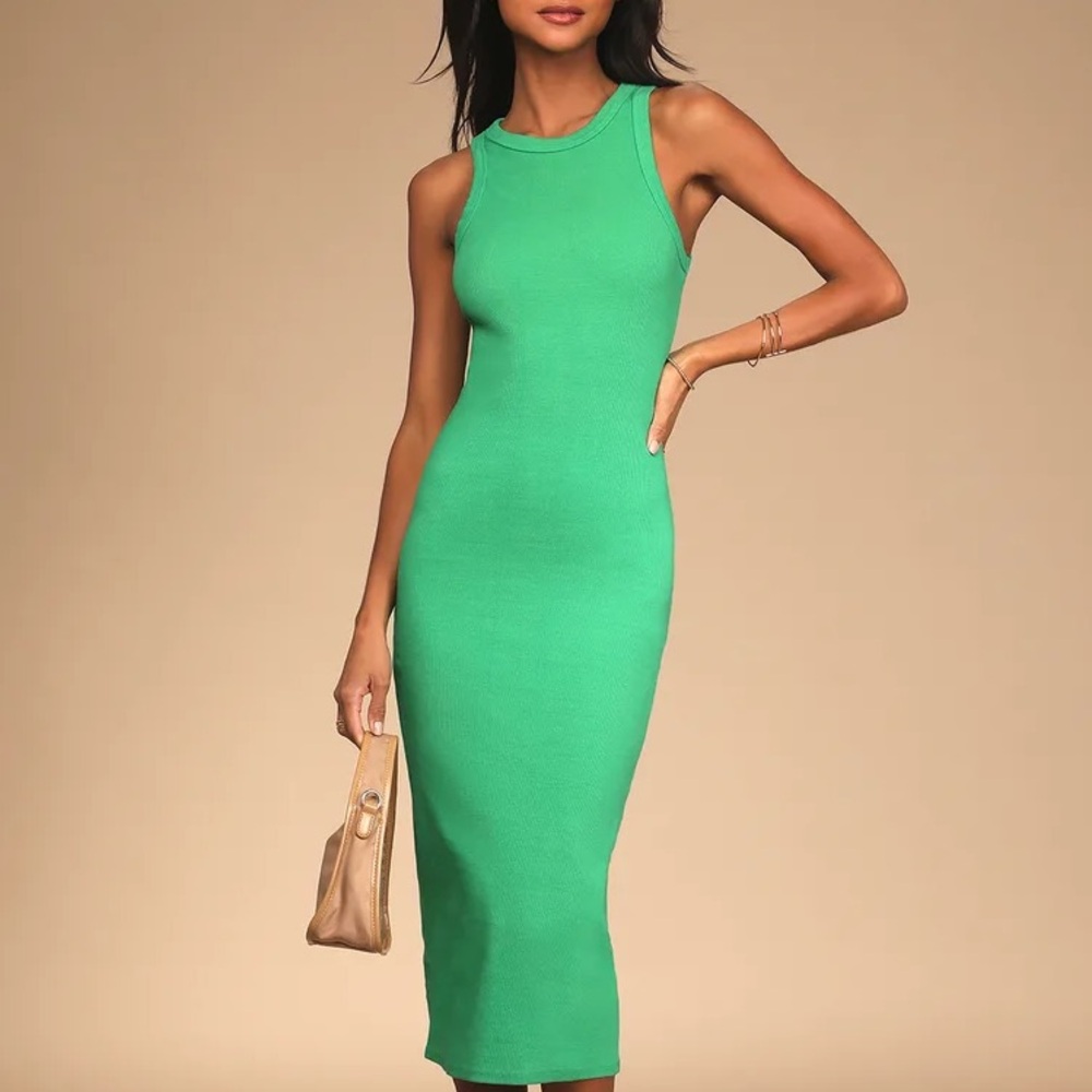 Lulus Green Ribbed Bodycon Midi Dress - XS